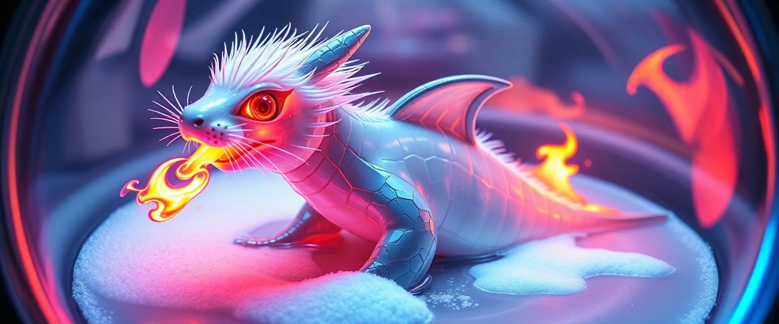 The image depicts a fantastical shark squirrel snow soup, specifically a transparent with neon plasma aura, with a unique and whimsical appearance. The seal dragon spitting flames is positioned in a circular frame, which suggests it might be inside a container or a vessel. The body is elongated and has a segmented appearance, with a detailed texture that gives it a realistic look. Its head is covered with white, spiky hair, adding to its fantastical charm. From the weird dragon lab.