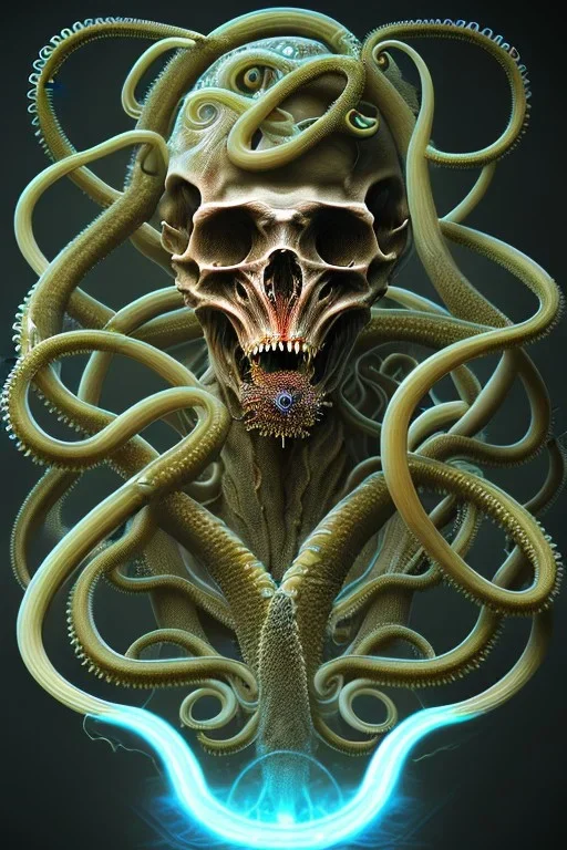 Spiritual being with Tentacles over human Head creating reality around, wrapping Tentacles around Human, Psychedelic