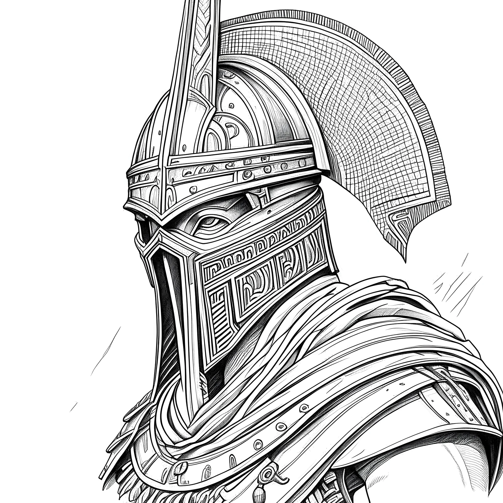 greek warrior, ancient, helmet, highly detailed pencil sketch, whole body, god mode