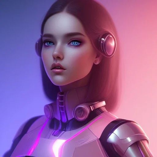 Cute girl face, Sci-fi character, purple backlight, pink and purple, scifi suit, profile, purple background, pink lighting