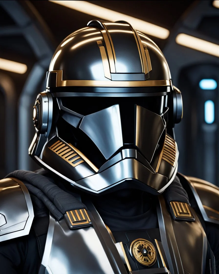 star wars bald male corellian pilot wearing pearlescent black and gunmetal grey First Order special forces armor and helmet with gold trim inside the jedi temple, centered head and shoulders portrait, hyperdetailed, dynamic lighting, hyperdetailed background, 8k resolution, volumetric lighting, light skin, fully symmetric details