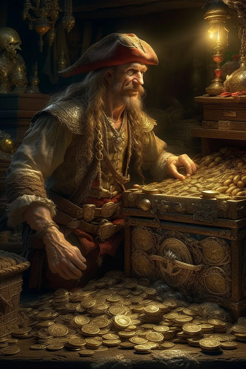 Classism painting style pirate with treasure pirates box of pennies intricate insanely , ,detailed octane render trending on artstation, 8k artistic photography, photorealistic concept art, soft natural volumetric cinematic perfect light, chiaroscuro, award-winning photograph, masterpiece, oil on canvas, Raphael, Caravaggio, Greg Rutkowski, people, beksinski, Giger