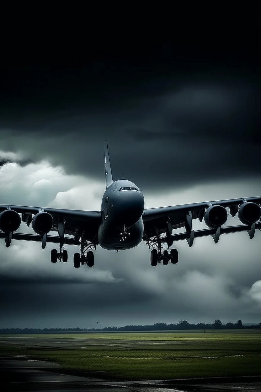 The cloudy stormy sky above is filled with a lot of black Boeing B-52 Stratofortress