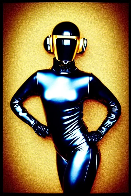 Photograph Cyber-punk girl random mask, old AKG-style big headphones, golden rings & disc. Fencing mask covers cheeks. Uma Thurman, Kill Bill, steel sword. thick tights, thick calves. old-fashioned camera lenses. Ancient silver telephone attached to perfect body, trunk. 5th dimensional Escher tiling background. Daft Punk, Tron Movie. Matrix movie clothes, tippet. Cyan latex. Cyan wicked sneakers. 1990's. An old AKG-microphone as mouth. Closely packed holes. Minimalism, fashion Haute Couture