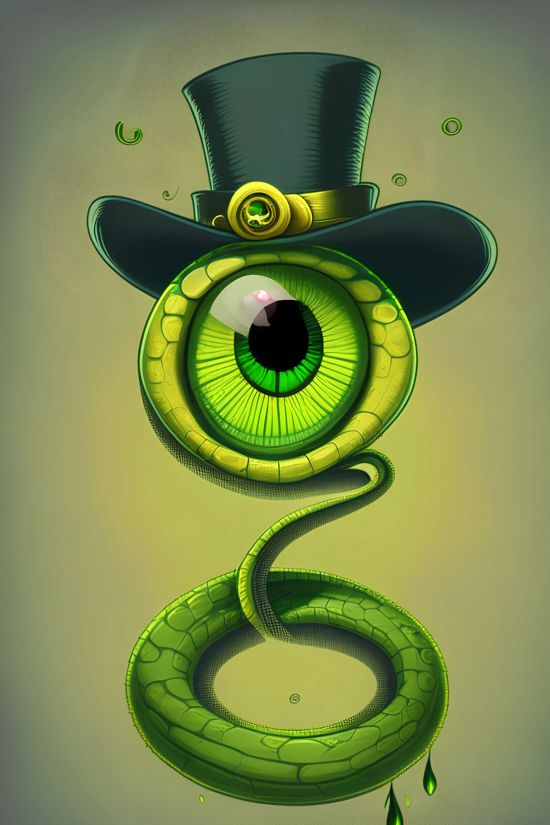 A yellow and green snake with a top hat, big cartoon style eye, one eye is replaced with a cross. Like the eye has been lost