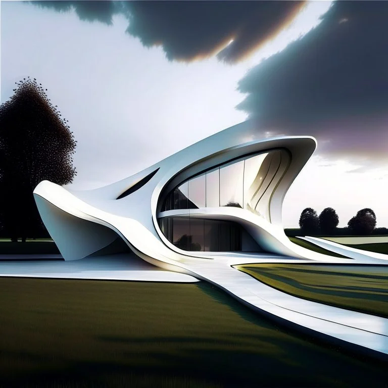 Arte lineal de una casa campestre moderna, estilo Zaha Hadid, minimalista