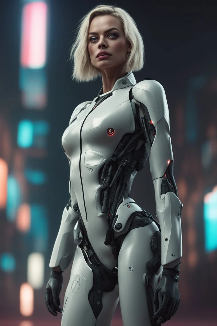 "Ultra realistic full body shot a margot robbie concept, looking at the camera,full legs, cyberpunk, neo-figurative,concept ,full length view, face , full size, science, technology,future,electric ,futuristic style, design, practicality,manufacturability,performance, HOF, professional photographer, captured with professional DSLR camera, trending on Artstation, 64k, full size, ultra detailed, ultra accurate detailed, bokeh lighting, surrealism, background, detailed