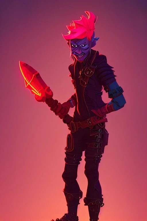 goblin holding an axe in a neon red city in a steampunk style