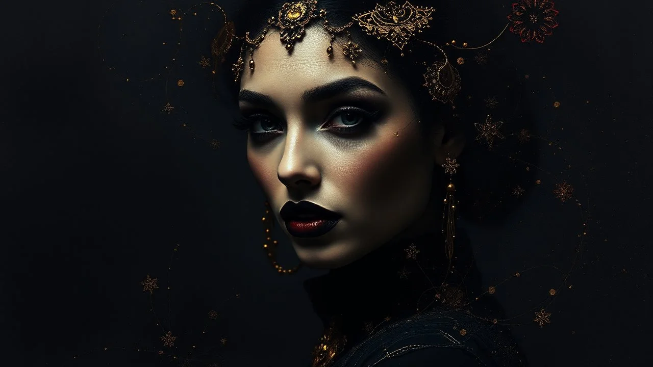 surreal fantasy magic fashion portrait, abstract art, surreal fantasy mixed media, raised amazingly beautiful fantasy fashion extravagant elegance lady portrait, film noir mood, cinematographic, dramatic, deep rich black colors, magic lighting, minimalism, few gold accents, vintage retro France mood,