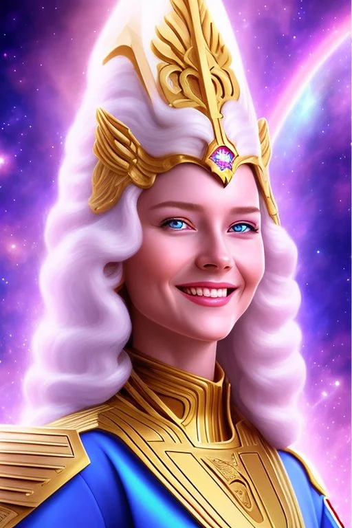 young cosmic woman admiral from the future, one fine whole face, large cosmic forehead, crystalline skin, expressive blue eyes, blue hair, smiling lips, very nice smile, costume pleiadian,rainbow ufo Beautiful tall woman pleiadian Galactic commander, ship, perfect datailed golden galactic suit, high rank, long blond hair, hand whit five perfect detailed finger, amazing big blue eyes, smilling mouth, high drfinition lips, cosmic happiness, bright colors, blue, pink, gold, jewels, realistic, real