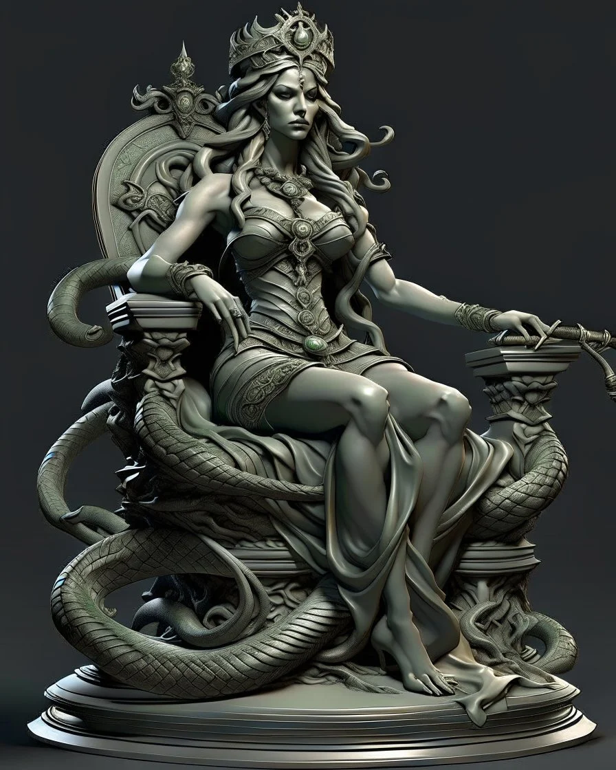 full-length, detailed persona, sword in hand, gorgon medusa, sitting on a throne in a relaxed pose