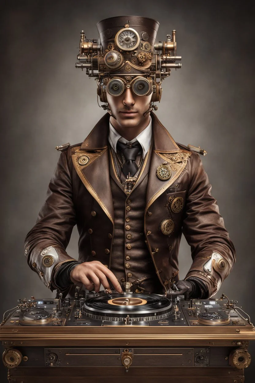 Front view Photography Realistic HD Natural Beauty Steampunk classic full mechanical man as dj player