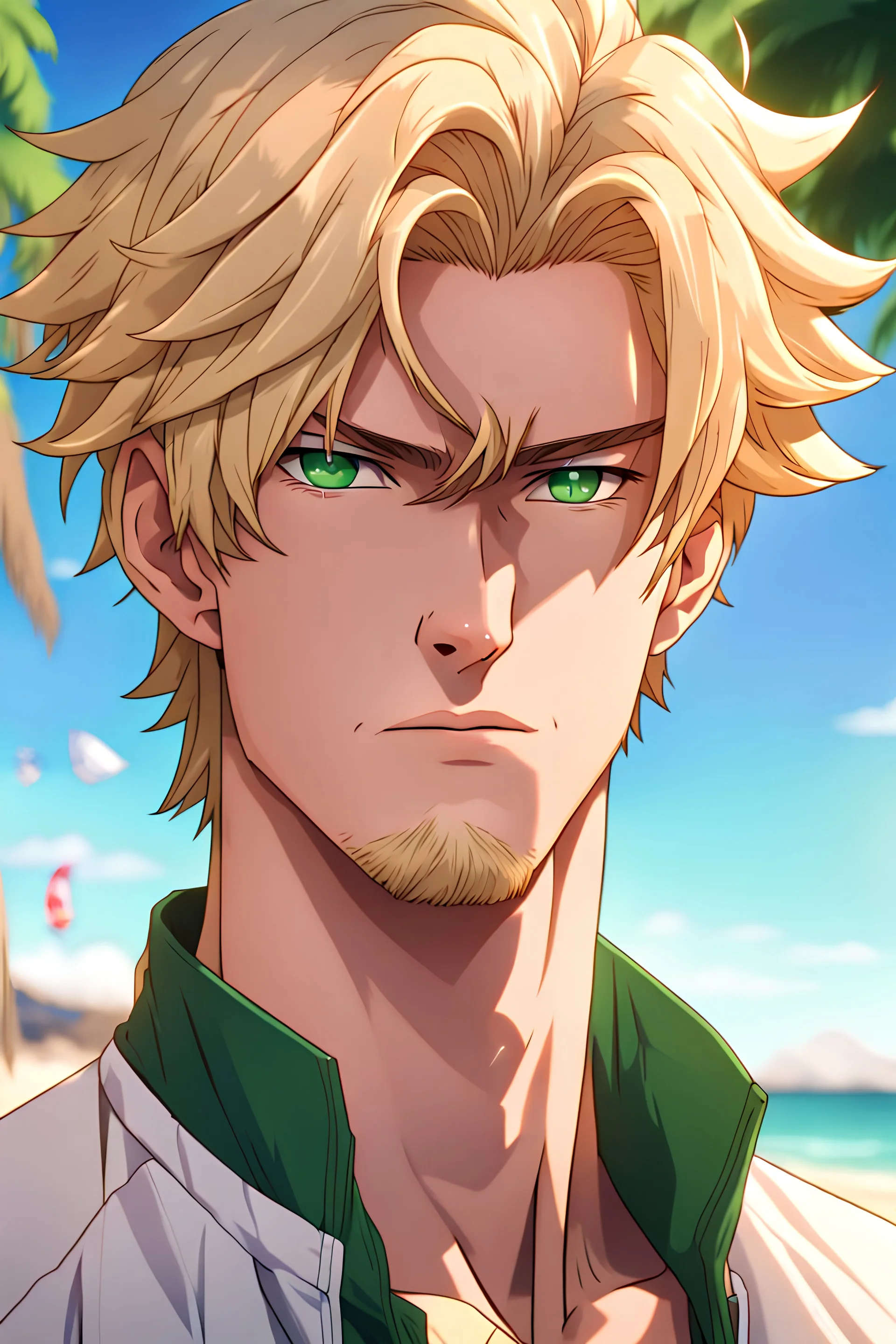 The handsome and perfect portrait is on Spruce Street, anime, blonde-haired and green-eyed male character on the beach for the magazine, 8K resolution, high quality, ultra graphics, and detailed with lines.