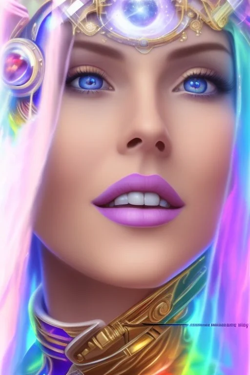 cosmic woman smile, admiral from the future, one fine whole face, crystalline skin, expressive blue eyes,rainbow, smiling lips, very nice smile, costume pleiadian, Beautiful tall woman pleiadian Galactic commander, ship, perfect datailed golden galactic suit, high rank, long blond hair, hand whit five perfect detailed finger, amazing big blue eyes, smilling mouth, high drfinition lips, cosmic happiness, bright colors, blue, pink, gold, jewels, realist, high commander