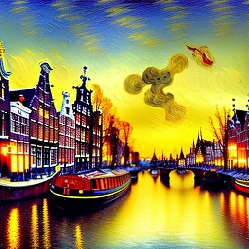 Drawing in oil of medieval Amsterdam city river, clouds, boats , sunset, fantasy 8k by Van Gogh