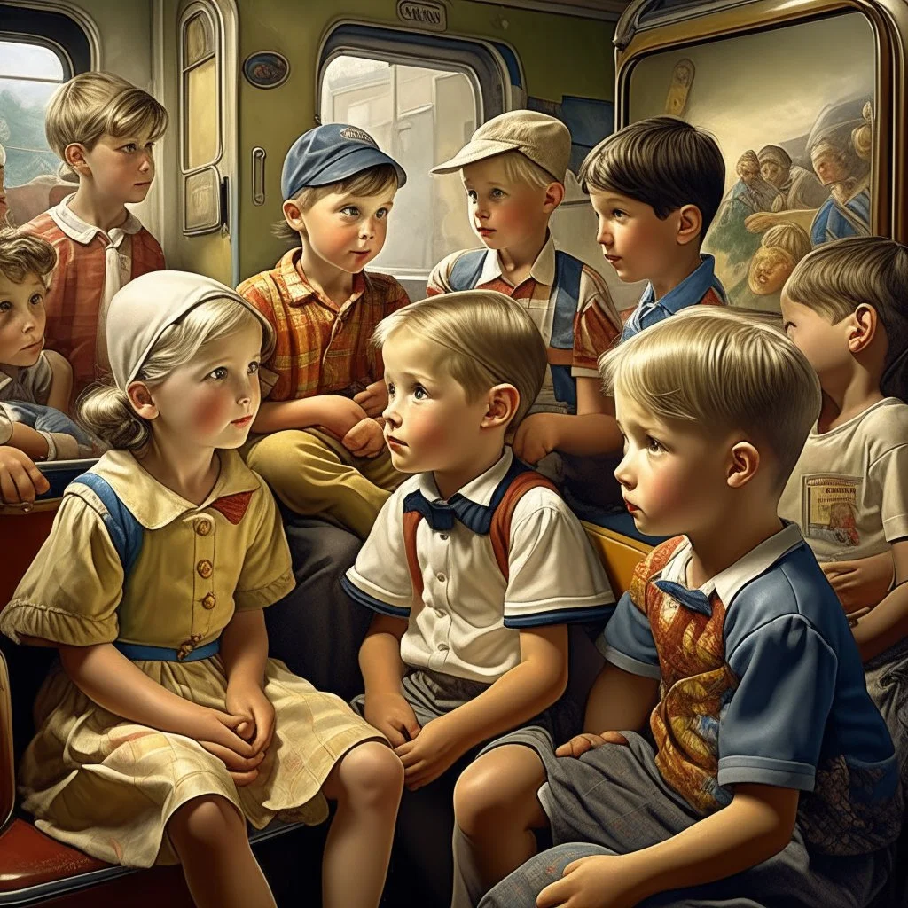 Nostalgic images with Norman Rockwell illustration style. Depicting of American kids mingling with Swedish kids. I love their funny expression. Modifiers: digital painting elegant Award winning photography cinematic lighting beautiful dynamic lighting fantastic view close up crisp quality very cute cinematic postprocessing Vintage Natural colors aesthetically perfect facial features Craig Rutkowski Carl Larrson Charles Wells Schaller beautiful cinematic lighting elegant digital painting digital