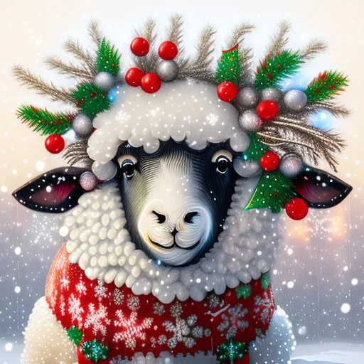 festive Whimiscial sheep in snow, with lights dressed for Christmas in holiday sweater