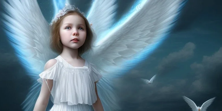 a little girl surrounded by beautiful angles with wings flying around her. white clouds beneath her