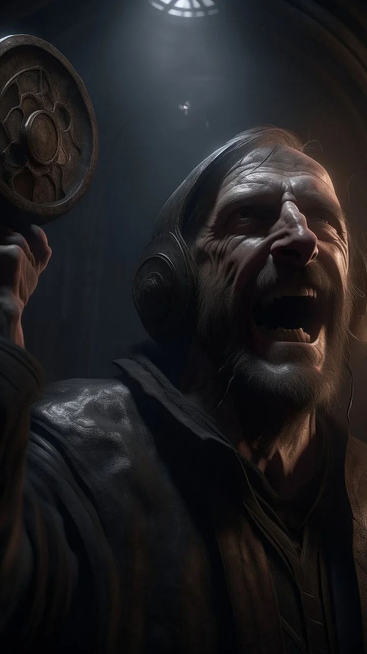 Busch painting style nightmare, a zoomed view man his head loud speaker with light in the centre top in a 3d rendering full-height image of a grim and dark scene. Ensure the final images exhibit the utmost quality, with the play of a torch-lit dungeon encompassing 4K, 8K, and 64K resolutions, with 3D rendering that manifests in photorealistic, hyperrealistic, and highly detailed representations. Employ techniques such as HDR, UHD,