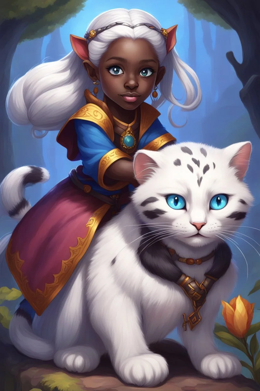 a cute eight-year-old female sorceress, dark skin, with straight snow white hair tied in a braid, blue eyes, riding on the back of a giant furry leopard cat