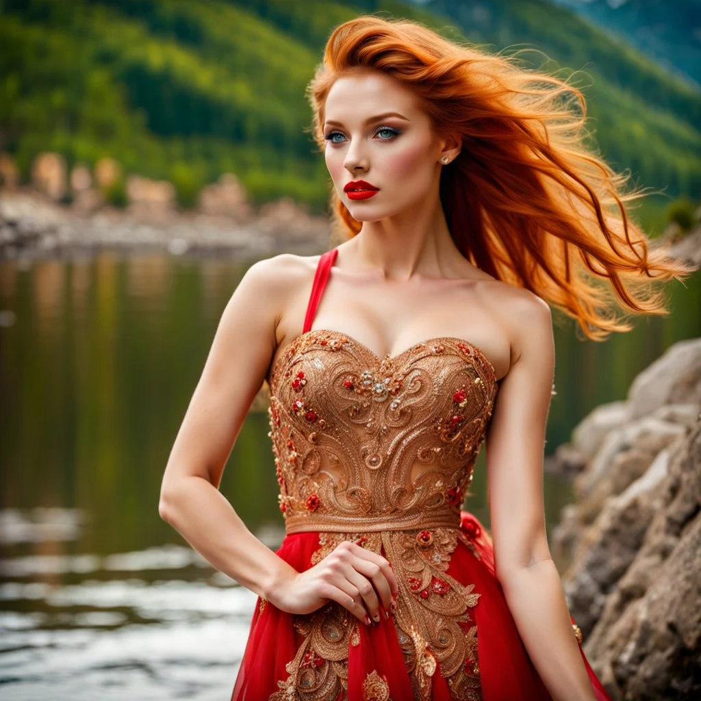 pretty dream houses in rocky mountain in wavy sea side,18 years old cute and adorable polish model standing on the rocksextremely detailed beautiful face, in hot colors adorned sapphire and gold one strap dress, wearing sexy in fashion sfilate decorated, elegant wavy hair, porcelain pale skin, shiny red lips, bright red hair, front face, right side look, beautiful smile look camera, sexy detailed elegant dress, the lens is in the left corner, ultra focu