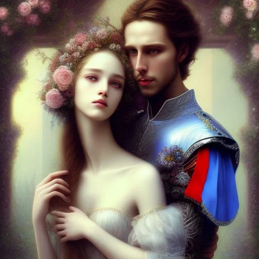 Romeo and Juliet. dramatic,romantic, muse of flowers, award winning, carne griffiths, portrait, intricate details, dynamic effects, white long hair, intricate eyes, detailed face, surreal hair, aristocratic clothes, professional ominous concept art, by artgerm and greg rutkowski, an intricate, elegant, highly detailed digital painting, concept art, smooth, sharp focus, illustration, in the style of simon stalenhag, wayne barlowe, and igor kieryluk.