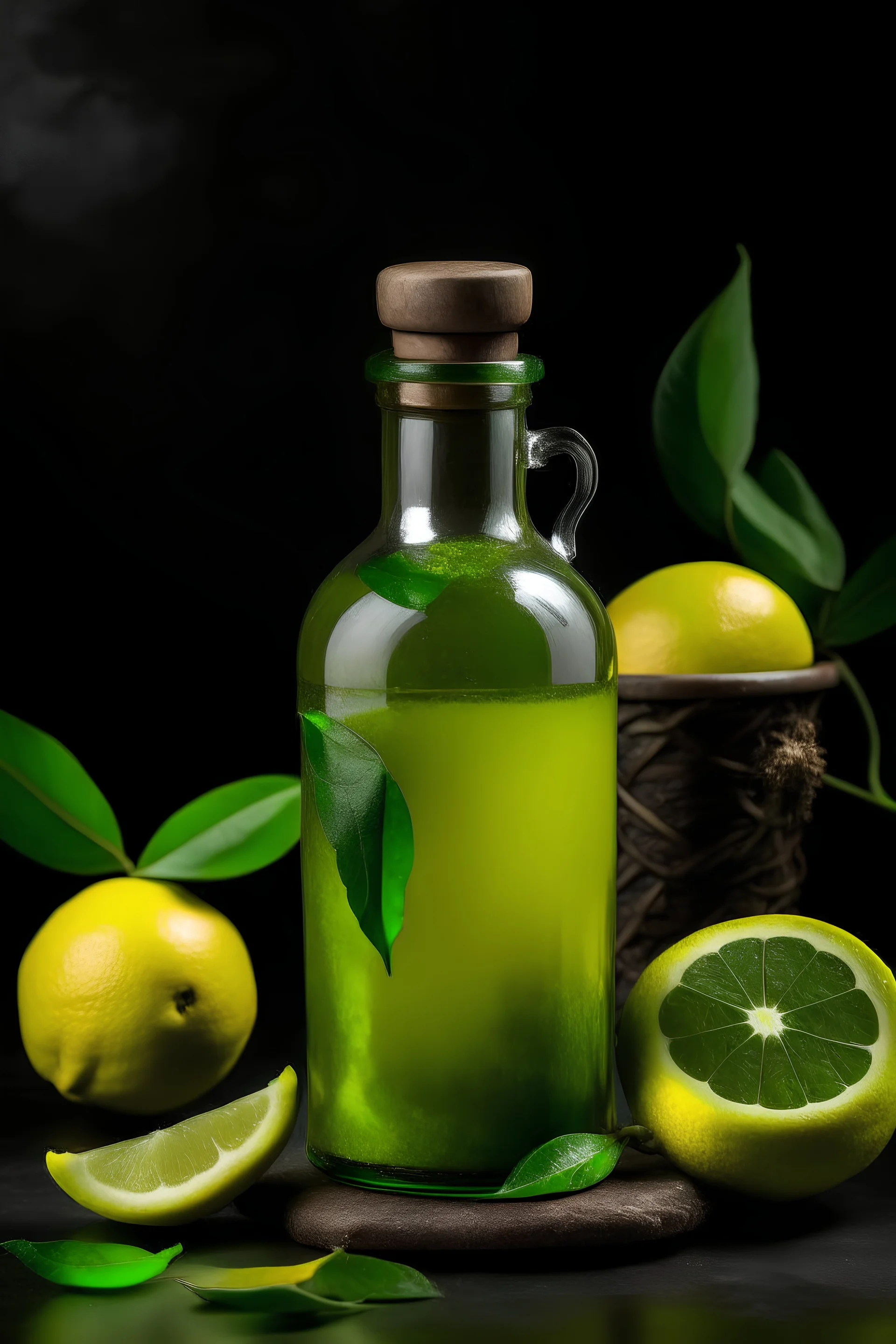 Potion bottle with yellow water, green leaves, lemon slice and ginger