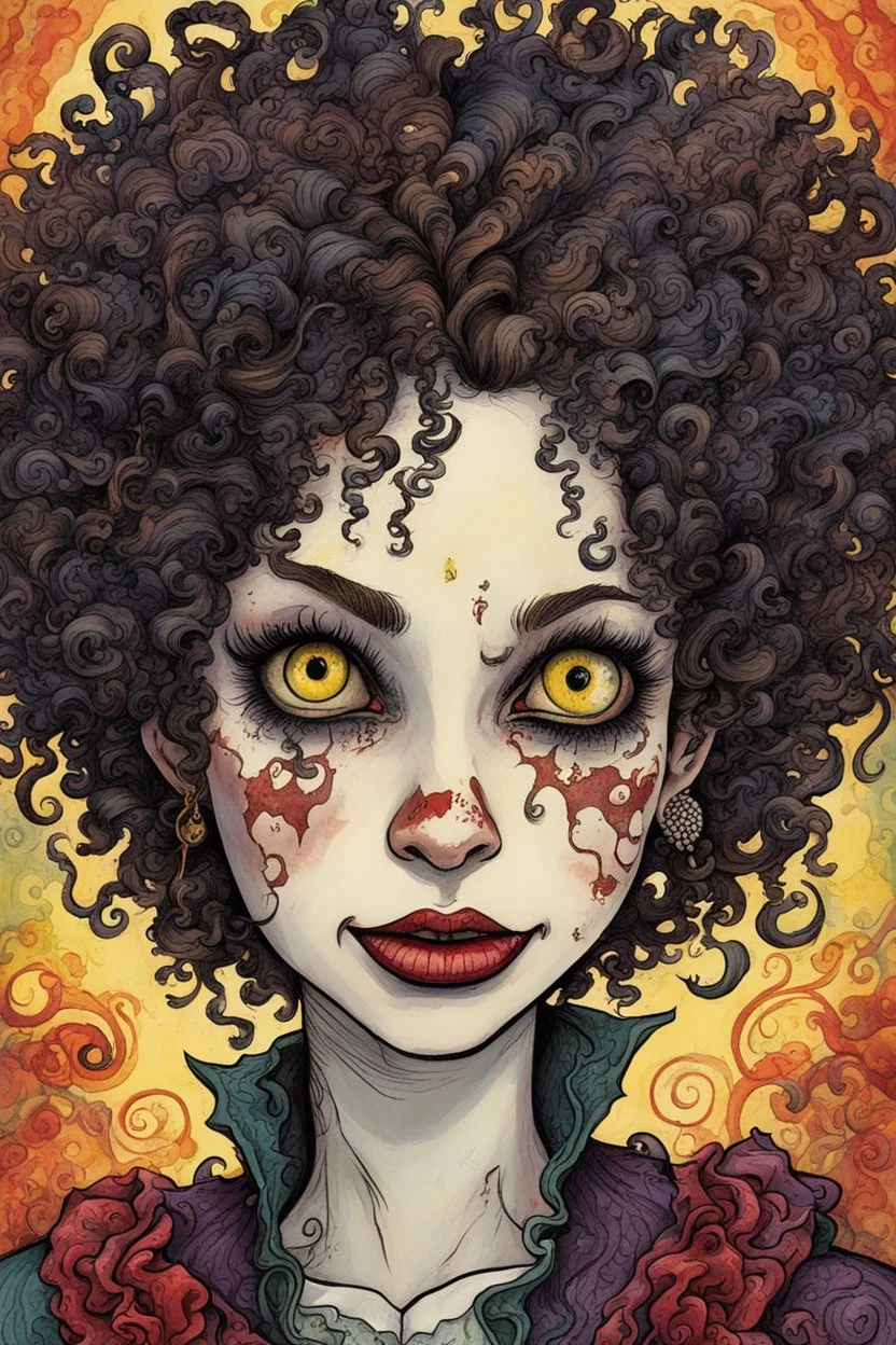 a cartoon illustration of a schizophrenic curly haired vampire girl , in the cartoon style of Lynda Barry , Ernie Pook's Comeek, vibrant natural colors, , museum quality masterpiece