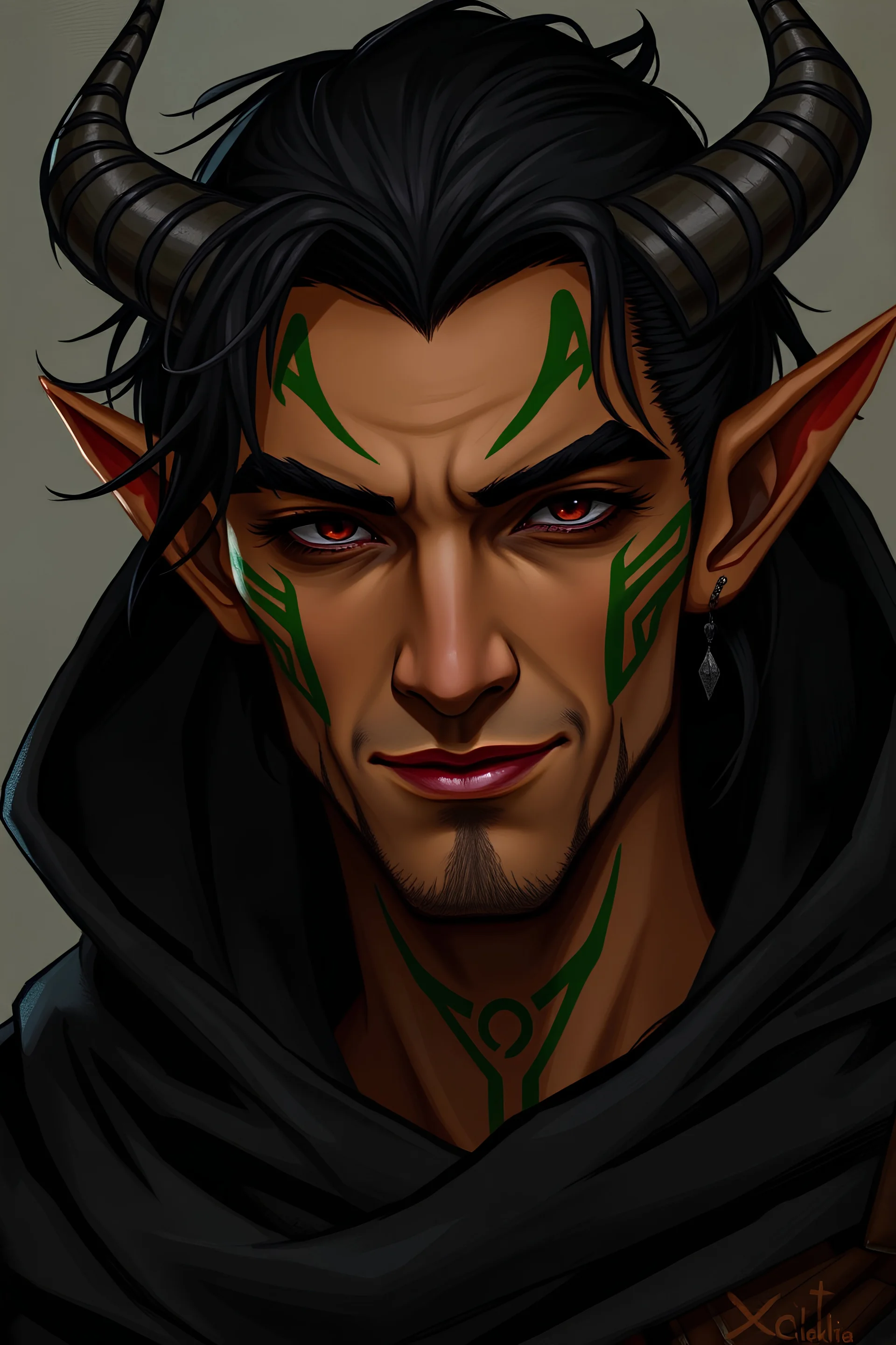 Adult Male tiefling. Tan skin. Black hair. Green tribal markings on the skin. Black cloak. Slight smile.