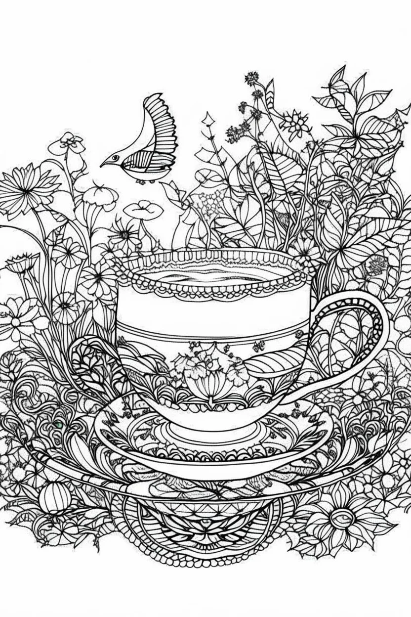 Outline art for coloring page, AVANT GARDE DRAWING TEACUP SET IN A GARDEN, coloring page, white background, Sketch style, only use outline, clean line art, white background, no shadows, no shading, no color, clear