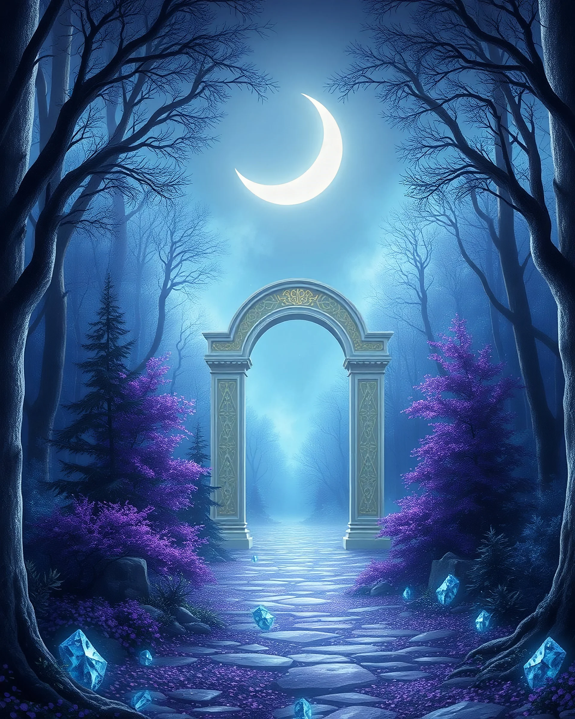 a magical forest, a bright crescent moon, then traces of ancient gates in white with gold patterns, then magic of blue and violet crystal.