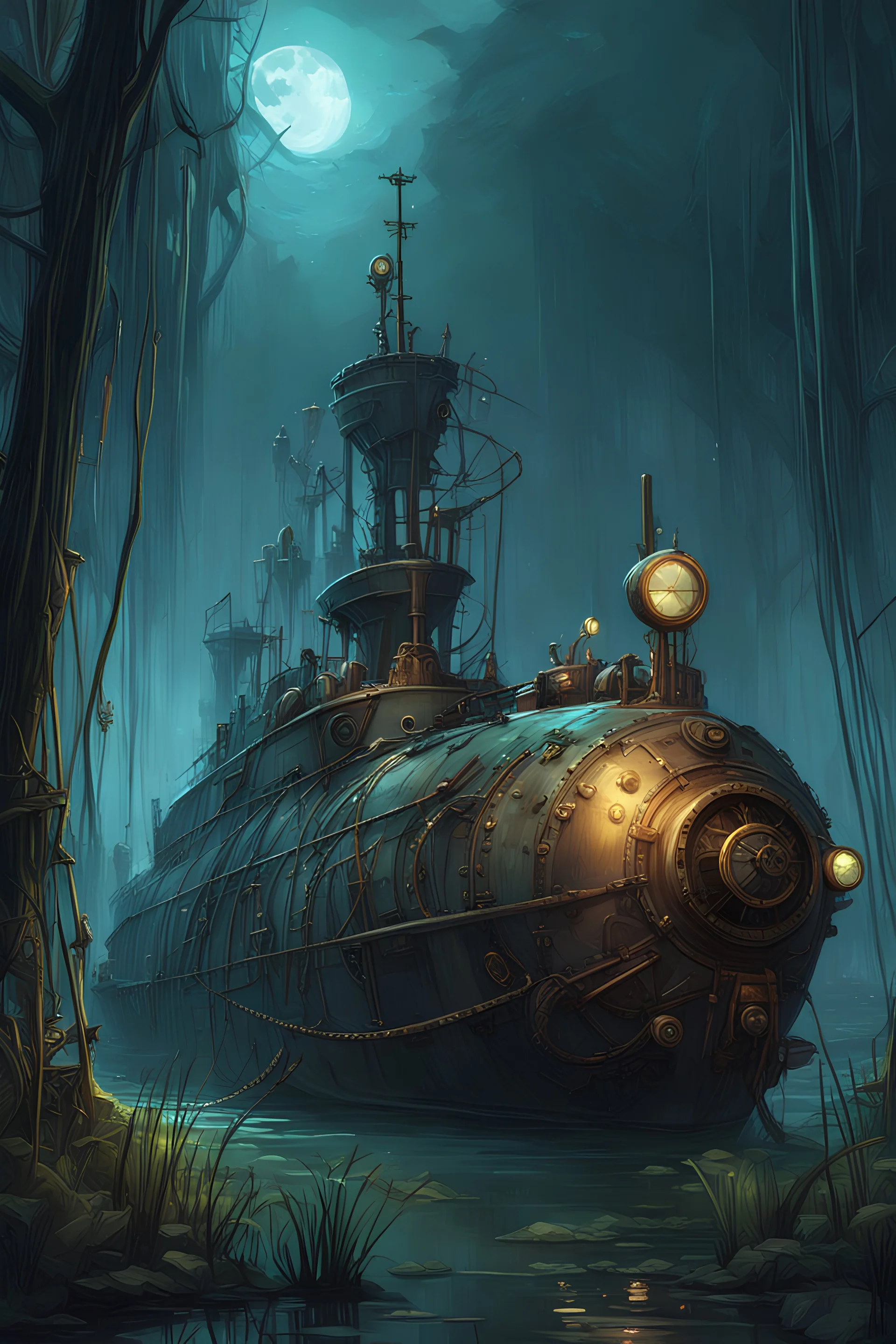 Beached steampunk submarine shipwreck in swamp, dark atmosphere, night, highly detailed, digital painting, artstation, concept art, smooth, sharp focus, illustration, art by artgerm and greg rutkowski and alphonse mucha, erte, 8 k