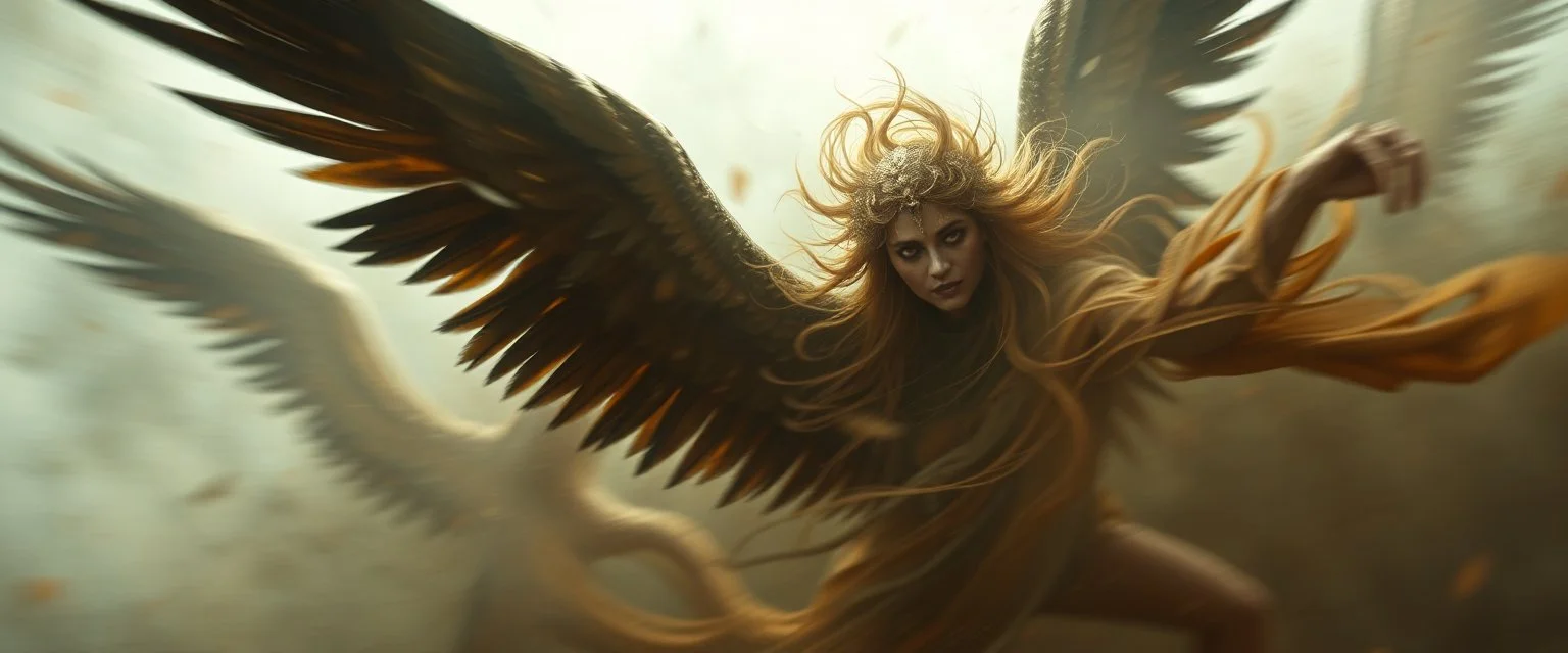 **“Flash-paintings amassed, struck by hairy gaze. Aye! Woe, behold! Oh, why reprimand? Our finest struggle ‘gainst fate’s stern hand; ’Tis work most noble, soaring and grand. Oh dreary, her fiery gaze grew somewhat hairy, And lo! The world did tremble ‘neath her stringed staring, Yet still the painted visions danced and tarried, Defying all, in bright-born light and winged daring.”** Hyper real. Glazed 3d. Motion blurred background.