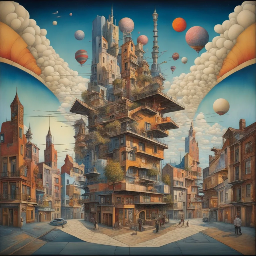 Eclectic Surrealist Fusion, double exposure, Kandinsky, Yerka, interrupted city