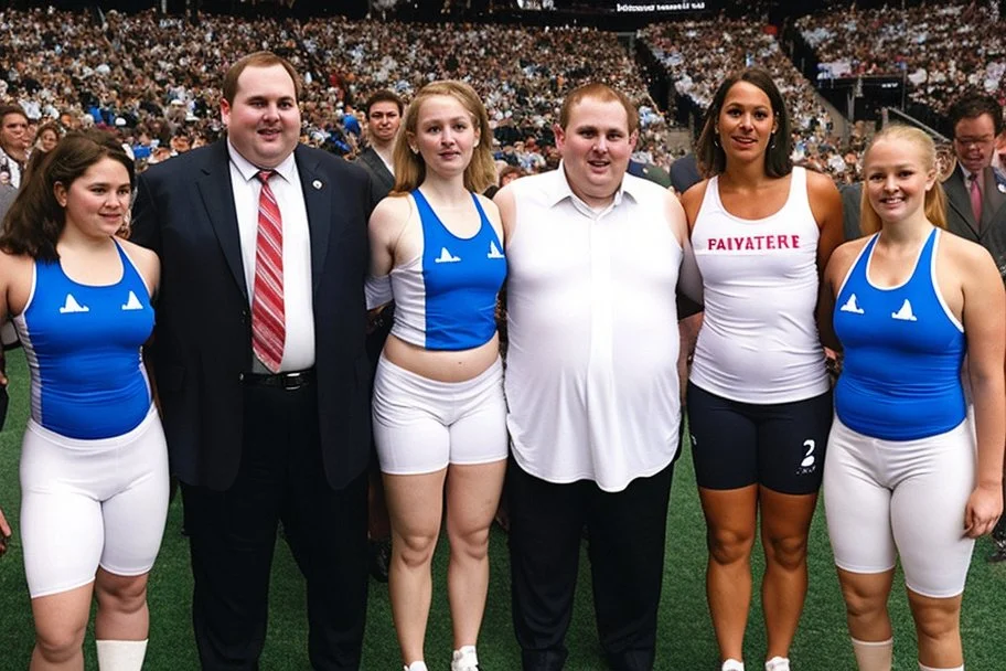 Overweight white politician next to a group of athletes