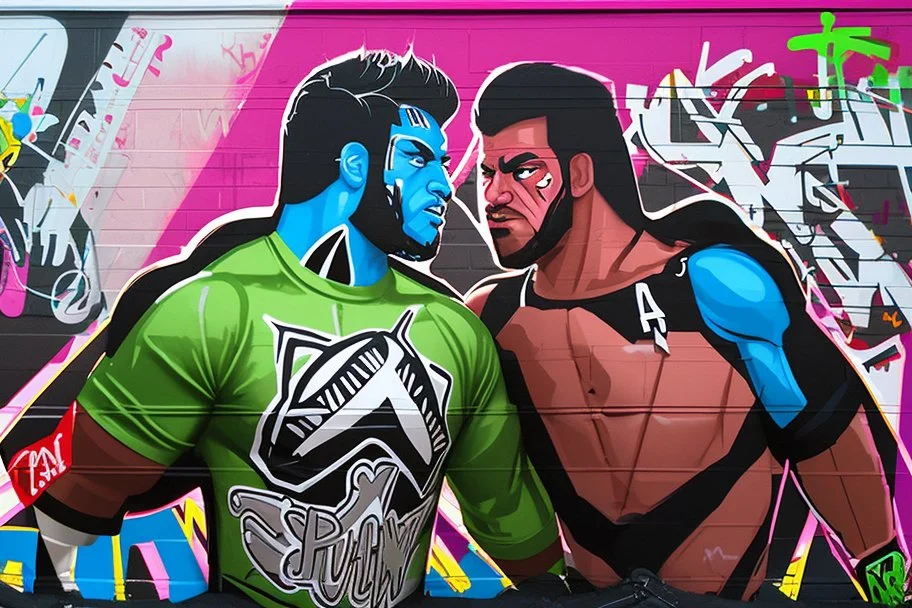 a wrestling graffiti mural wall with the word "tijuana wrestling" cell shading style