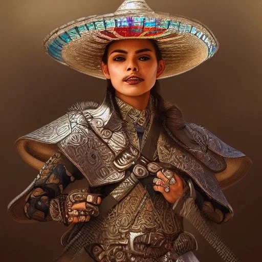 portrait,"Insanely detailed photograph of a gang of mariachi warriors", intricate chainmail charo, large colorful Sombrero,elegant cape, highly detailed D20, digital painting, artstation, concept art, smooth, sharp focus, illustration, art by artgerm and greg rutkowski and alphonse mucha, 8 k