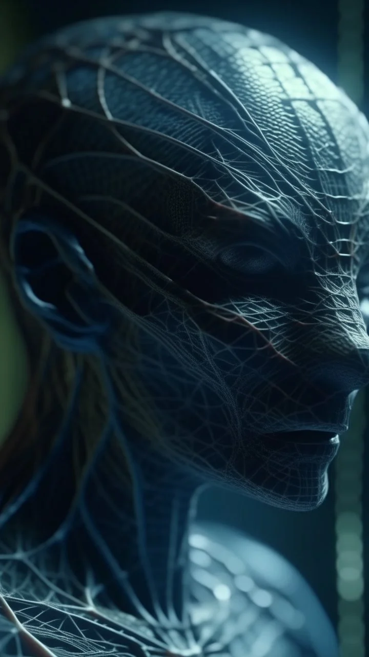 A hyperrealistic macro shot of an alien out of a spider web, intricate details, soft natural light, screen captured from 4K Blu-ray