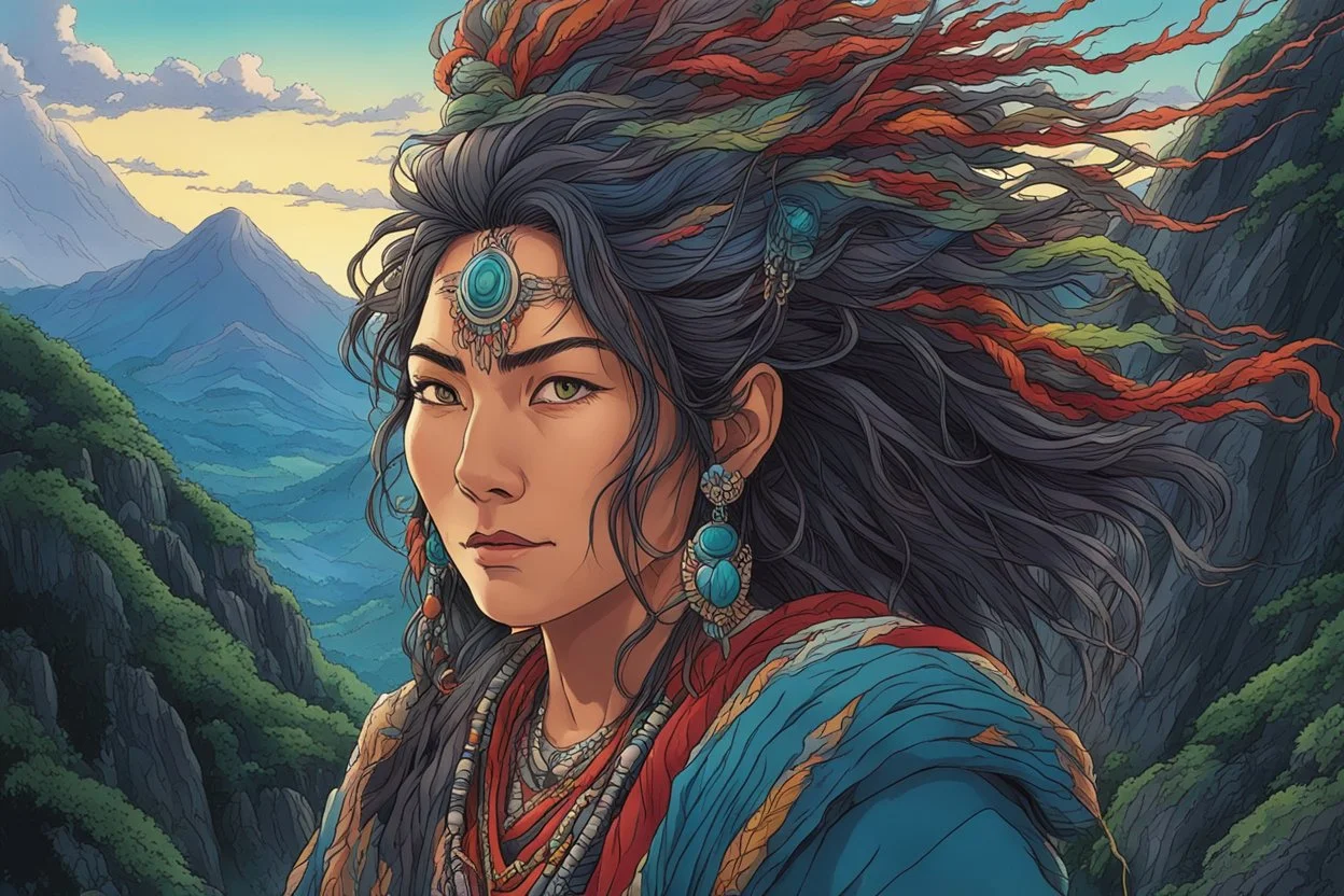 full color front facing portrait of a female shaman with highly detailed hair and facial features, trekking along a spirit haunted mountain trail, pierced by shafts of early evening light , art in the style of spirited away, studio ghibli, 8k , finely detailed and precise line work