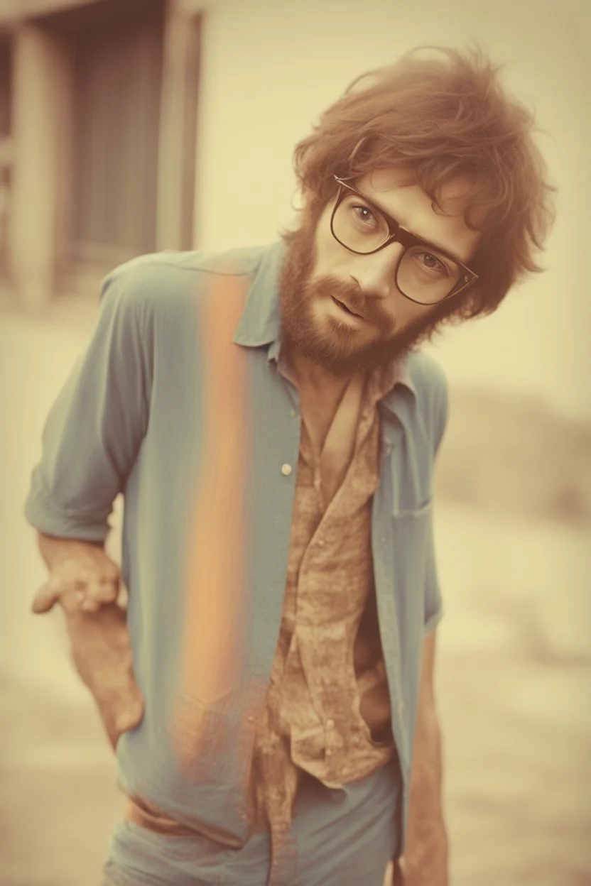 hippie young man with glasses of colours and poor and short short short and poor hair on the head with receding hairline. Farsightedness glasses with big eyes. Shirt beard in the head. Vintage look and feel like photo style-of the 70s