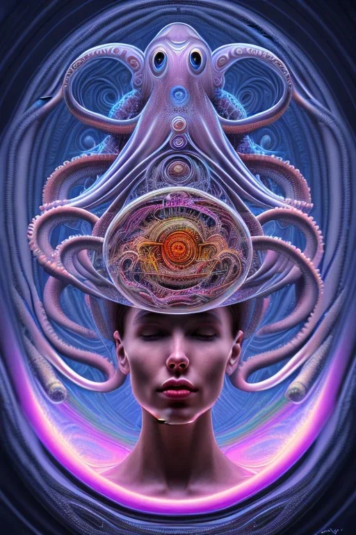 Spiritual being with Tentacles over human Head creating reality around, wrapping Spiral around Human, Psychedelic