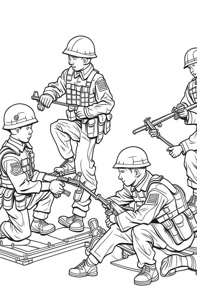 Outline art for coloring page OF ONE BOY PLAYING WITH A 1945 TOY SET OF FOUR SMALL AMERICAN PLASTIC TOY ARMY SOLDIERS, coloring page, white background, Sketch style, only use outline, clean line art, white background, no shadows, no shading, no color, clear