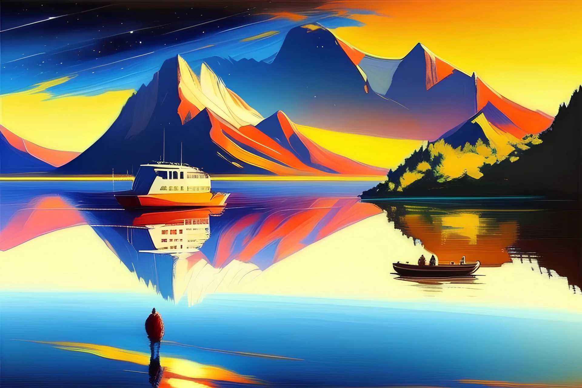 Lake reflection, distant exoplanet in the horizon, boat, mountains, sci-fi, lesser ury painting