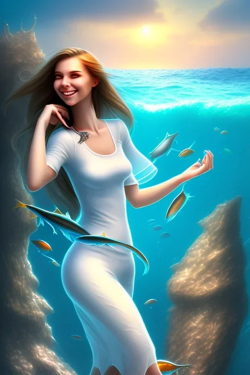 long hair fish smiling lady with white top set on the rock in the ocean