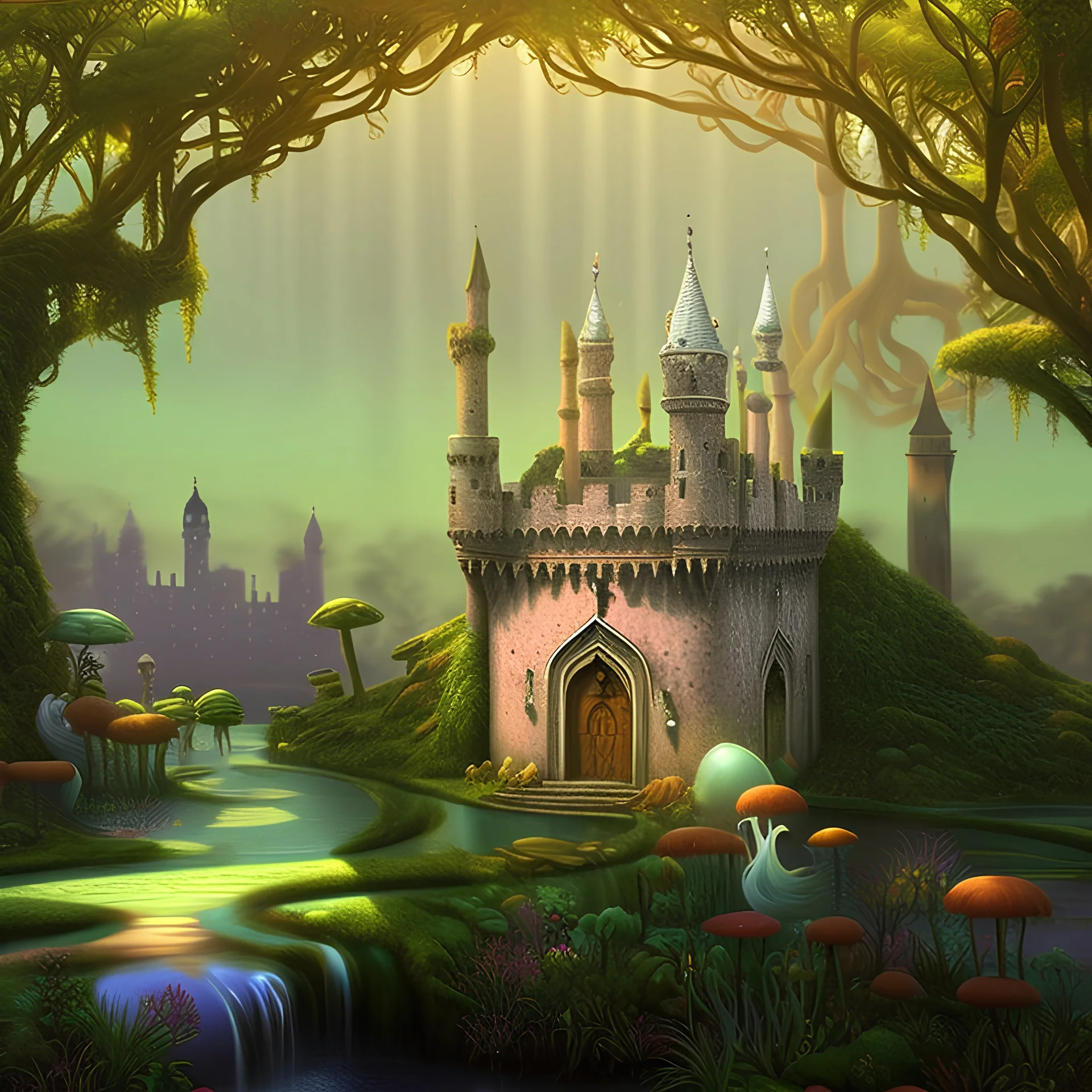 surreal Create a magical garden with enchanted glicine, edera, muschio, creatures,fantasy, India, Scozia, Fate, draghi, castle,moss, perle,Venezia, stelle, scintille,pioppini, scoiattoli, lucciole,funghi, 3D, raggi divini,nitidezza, ultra qualiltà, perfezione. foresta