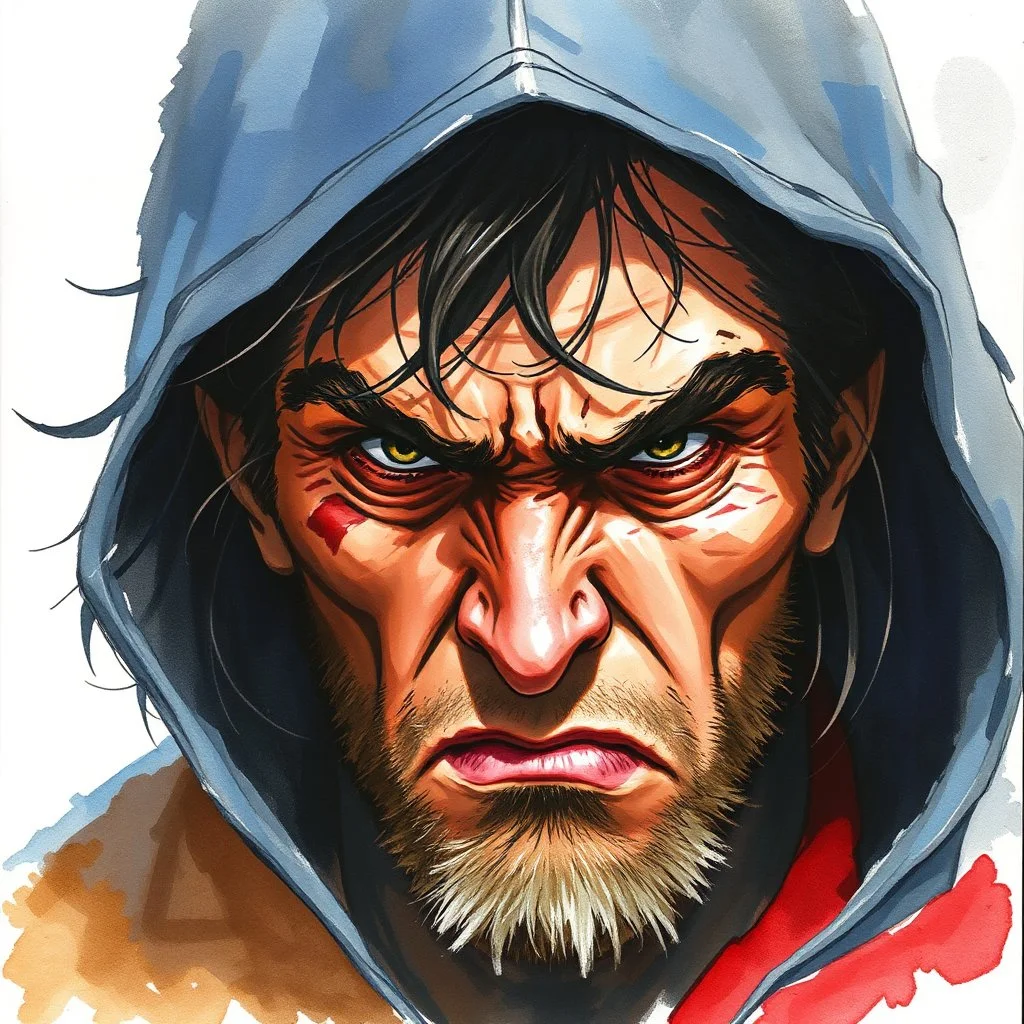dnd, fantasy, watercolour, large strokes, stylistic, portrait, illustration, artistic, professional illlustration, male, face, weathered face, sly, violent, evil, vigorous, rogue, criminal
