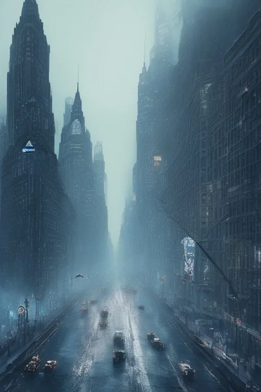 Gotham city, nostalgic, cold, dark blue, gloomy, heavy fog, 8k photorealistic, cinematic lighting, high details, dramatic, atmosphereric