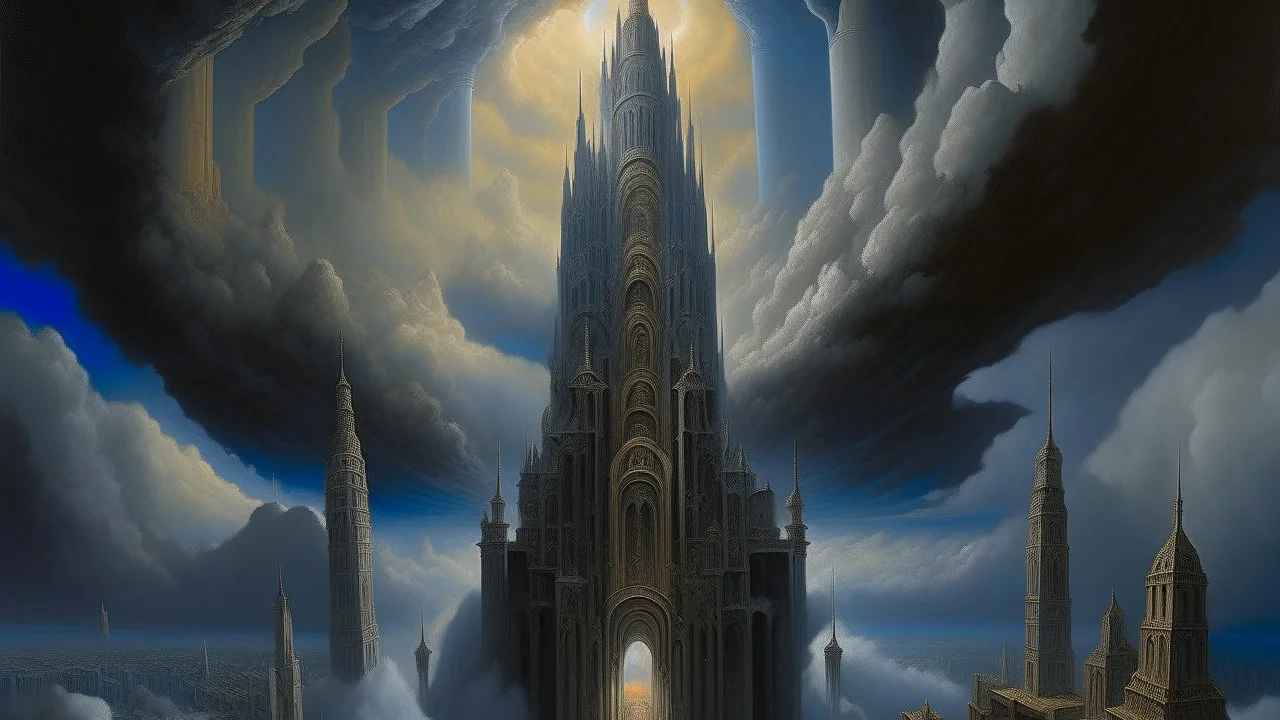 Una ciudad vertical suspendida sobre un valle oscuro durante una tormenta eléctrica, con una catedral estrecha elevándose hacia las nubes y figuras adultas vestidas con largas túnicas ascendiendo lentamente por una escalinata monumental. Las arquitecturas se deforman y se estiran hacia el cielo, mientras haces de luz atraviesan las nubes. Pintura manierista de intenso dramatismo espiritual, figuras alargadas, anatomías estilizadas, perspectivas imposibles, pincelada vibrante, contrastes violento