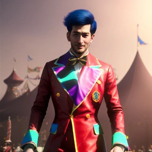 circus, ringleader, Arthur Kulkov, front, handsome, male, Russian, fantasy, anime, yoji shinkawa dreamscape, fenghua zhong, mystical colors, Golden hour, Lisa Frank fantasy