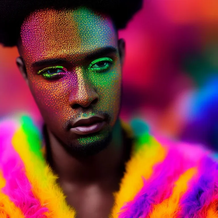 full body shot, masterpiece, best quality, man of median age, black skinned, sparkling eyes, fluorescent skin, colorful makeup, afro, highly detailed body, afrofuturism, scifi, sun light, 4K, RAW, depth of field, high contrast, realistic details, 24mm